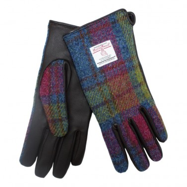 Harris Tweed Ladies Multi Coloured Check Tweed With Brown Leather Gloves