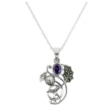 Hamilton & Young Scottish Thistle Marcasite Pendant With Amethyst Stones