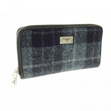 Harris Tweed 'Staffa' Long Zip Wool Purse In Grey and Blue Tartan