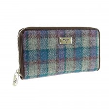 Harris Tweed 'Staffa' Long Zip Wool Purse In Grey and Purple Check