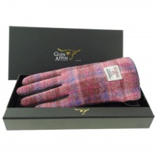 Harris Tweed Ladies Pink Check Gloves With Brown Leather
