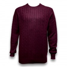 Heritage 100% Cashmere Mens Cable Crew Jumper in Burgundy