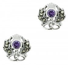 Hamilton &amp; Young Scottish Thistle Silver Earrings With Marcasite And Amethyst St...