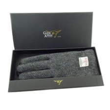 Mens Black Leather Harris Tweed Gloves Boxed in Charcoal Herringbone