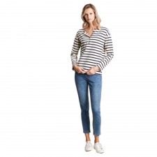 Joules Ladies "Olive" Long Sleeve Henley Top in Creme Navy Stripe