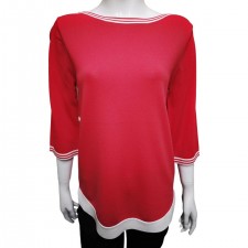 Text Ladies Boat Neck 3/4 length Jumper in Hibiscus With Cream Stripe