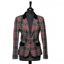 Ladies Black Stewart Tartan Blazer Jacket with Velvet Collar