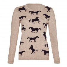 Lona Scott Ladies Taupe Cashmere Crew Neck Jumper with Horse Design