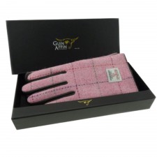 Harris Tweed Ladies Bright Pink Overcheck Gloves With Brown Leather