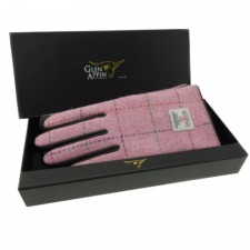 Harris Tweed Ladies Bright Pink Overcheck Gloves With Brown Leather 