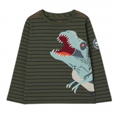 Joules Boy's Jack Long Sleeve Applique T-Shirt in Dino Navy Green Stripe