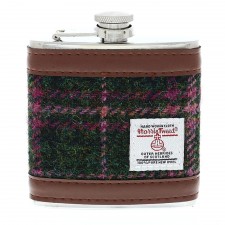 Harris Tweed Hip Flask 6oz In Dark Green & Pink Check
