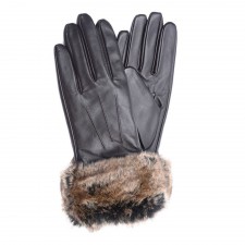 Barbour Ladies Fur Trimmed Leather Gloves in Brown
