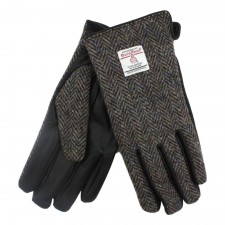Mens Brown Herringbone Harris Tweed Leather Gloves