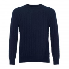 Lona Scott 100% Cashmere Mens Cable Crew Jumper in Oxford Blue