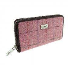 Harris Tweed 'Staffa' Long Zip Wool Purse In Bright Pink Overcheck