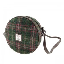 Harris Tweed Bannock Small Round Bag in Dark Green & Plum Check