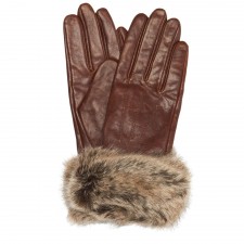 Barbour Ladies Fur Trimmed Leather Gloves in Dark Caramel