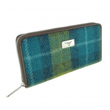 Harris Tweed 'Staffa' Long Zip Wool Purse In Sea Blue And Green Check