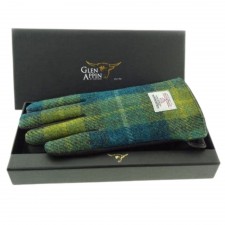 Harris Tweed Ladies Sea Blue & Green Tartan Gloves With Brown Leather