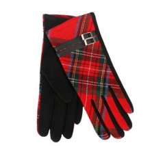 Red Tartan Gloves With Black Buckle One Size Fit