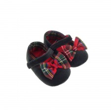 Baby Girls Black Velour Shoes with Red Tartan Bow