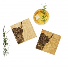 Scottish Made 2 Pack Oak Highland Cow Coasters