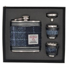 Harris Tweed Hip Flask 6oz Set In Grey And Black Tartan
