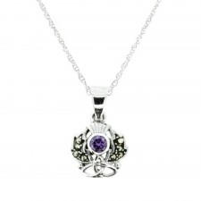 Hamilton & Young Scottish Thistle Silver Pendant With Marcasite And Amethyst Stones