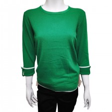 Text Ladies Crew Neck 3/4 length White Trim Jumper in Emerald Green