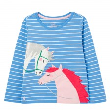 Joules Girls AVA Blue Stripe Horse Applique T-Shirt