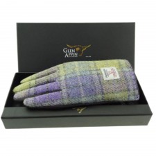 Harris Tweed Ladies Muted Lilac & Green Check Gloves With Brown Leather