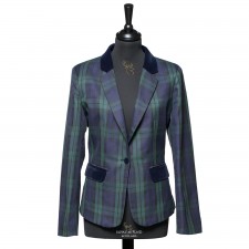 Ladies Black Watch Tartan Blazer Jacket with Velvet Collar