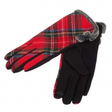 Red Tartan Gloves Pom Pom One Size Fit