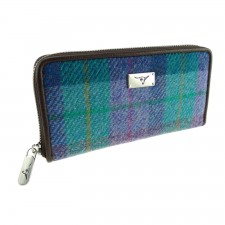 Harris Tweed 'Staffa' Long Zip Wool Purse In Green and Purple Check