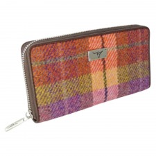 Harris Tweed 'Staffa' Long Zip Wool Purse In Peach & Purple Tartan