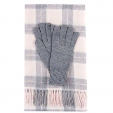 Barbour Ladies Wool Pink and Grey Check Scarf & Glove Set