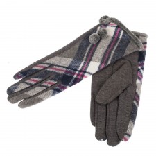 Grey Tartan Gloves Pom Pom One Size Fit