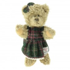 Harris Tweed Teddy Bear with Dark Green And Plum Check Tartan Dress