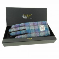 Harris Tweed Ladies Blue & Purple Check Gloves With Brown Leather
