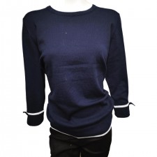 Text Ladies Crew Neck 3/4 length White Trim Jumper in Navy