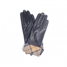 Barbour Ladies Lady Jane Gloves in Black Leather and Dress Tartan