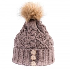 Aran Diamond Cable Button Hat in Mushroom