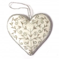 White Heart With Silver Swirls Hanging Heart Decoration