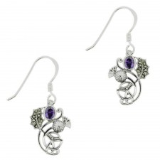 Hamilton & Young Scottish Thistle Marcasite Drop Earrings With Amethyst Stone