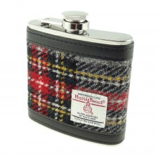 Harris Tweed Hip Flask 6oz In Grey and Red Tartan