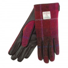 Harris Tweed Ladies Dark Pink Tartan Leather Gloves
