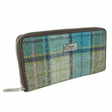 Harris Tweed 'Staffa' Long Zip Wool Purse In Turquoise Tartan