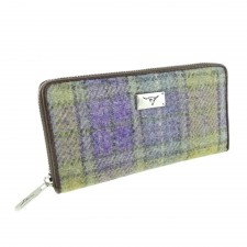 Harris Tweed 'Staffa' Long Zip Wool Purse In Muted Lilac And Green Check 