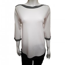 Text Ladies Boat Neck 3/4 length Jumper in Cream With Black Stripe
